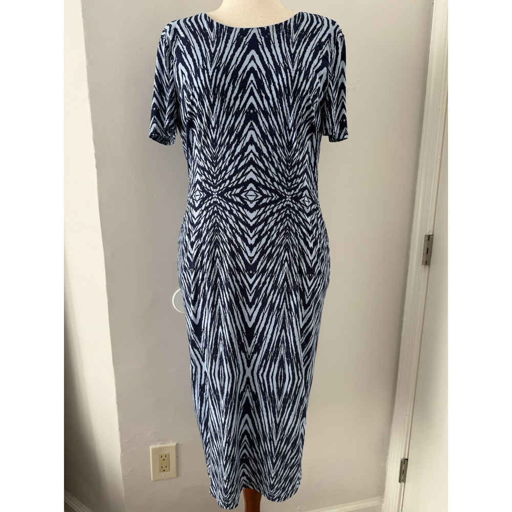 London Times Dress Blue White Abstract Print Sheath Midi Stretch Sculptural 10